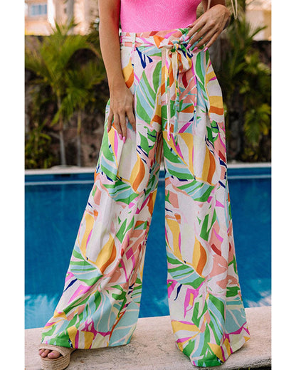 Azura Exchange Tropical Leafy Print Wide Leg Pants with Belt - XL