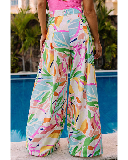 Azura Exchange Tropical Leafy Print Wide Leg Pants with Belt - XL