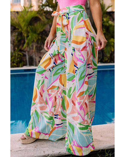 Azura Exchange Tropical Leafy Print Wide Leg Pants with Belt - XL