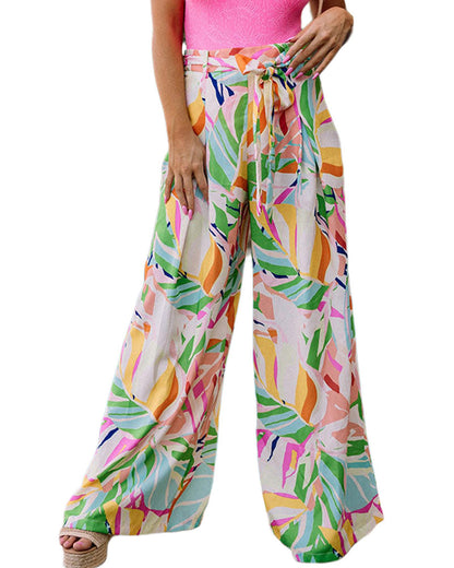 Azura Exchange Tropical Leafy Print Wide Leg Pants with Belt - XL