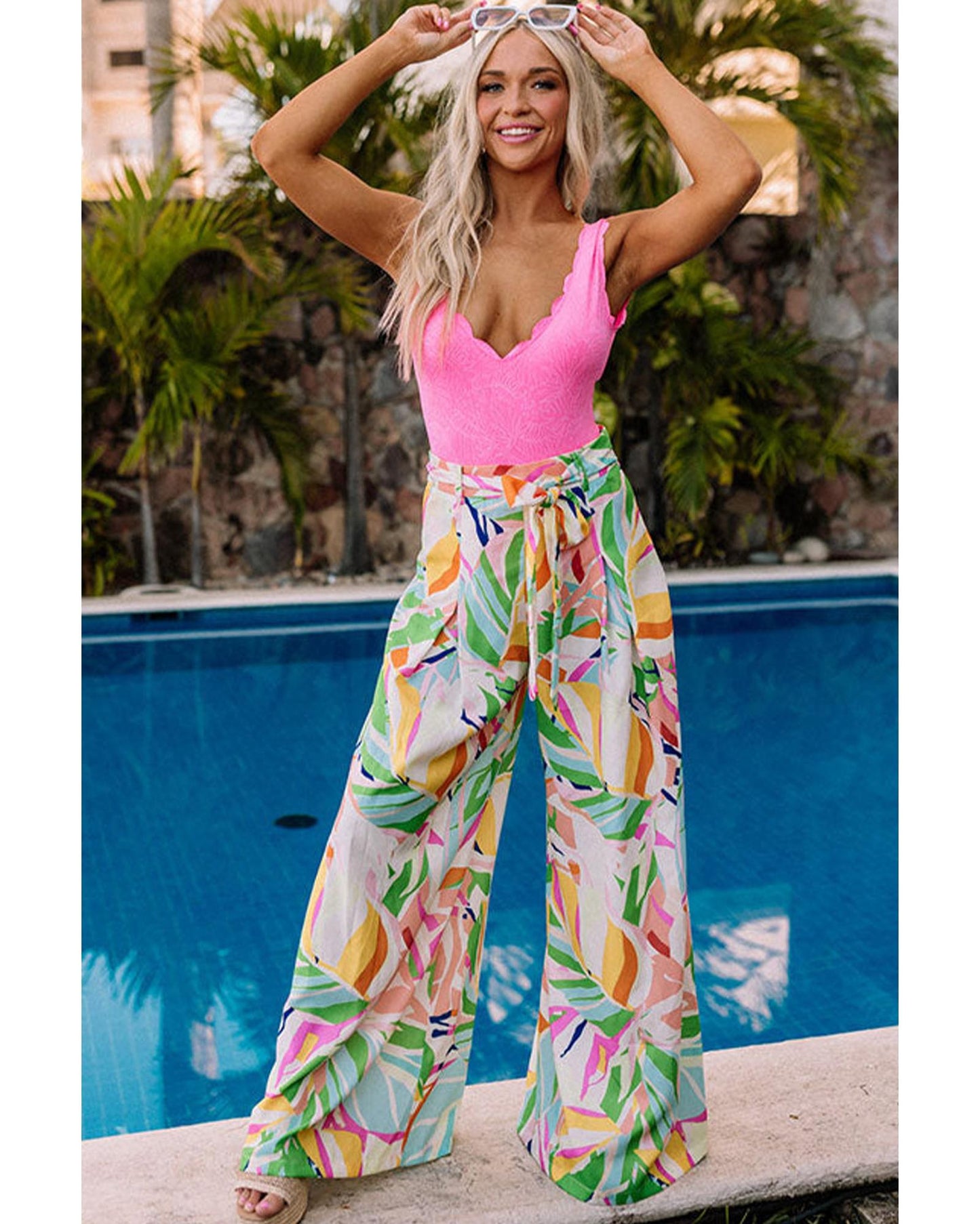 Azura Exchange Tropical Leafy Print Wide Leg Pants with Belt - XL