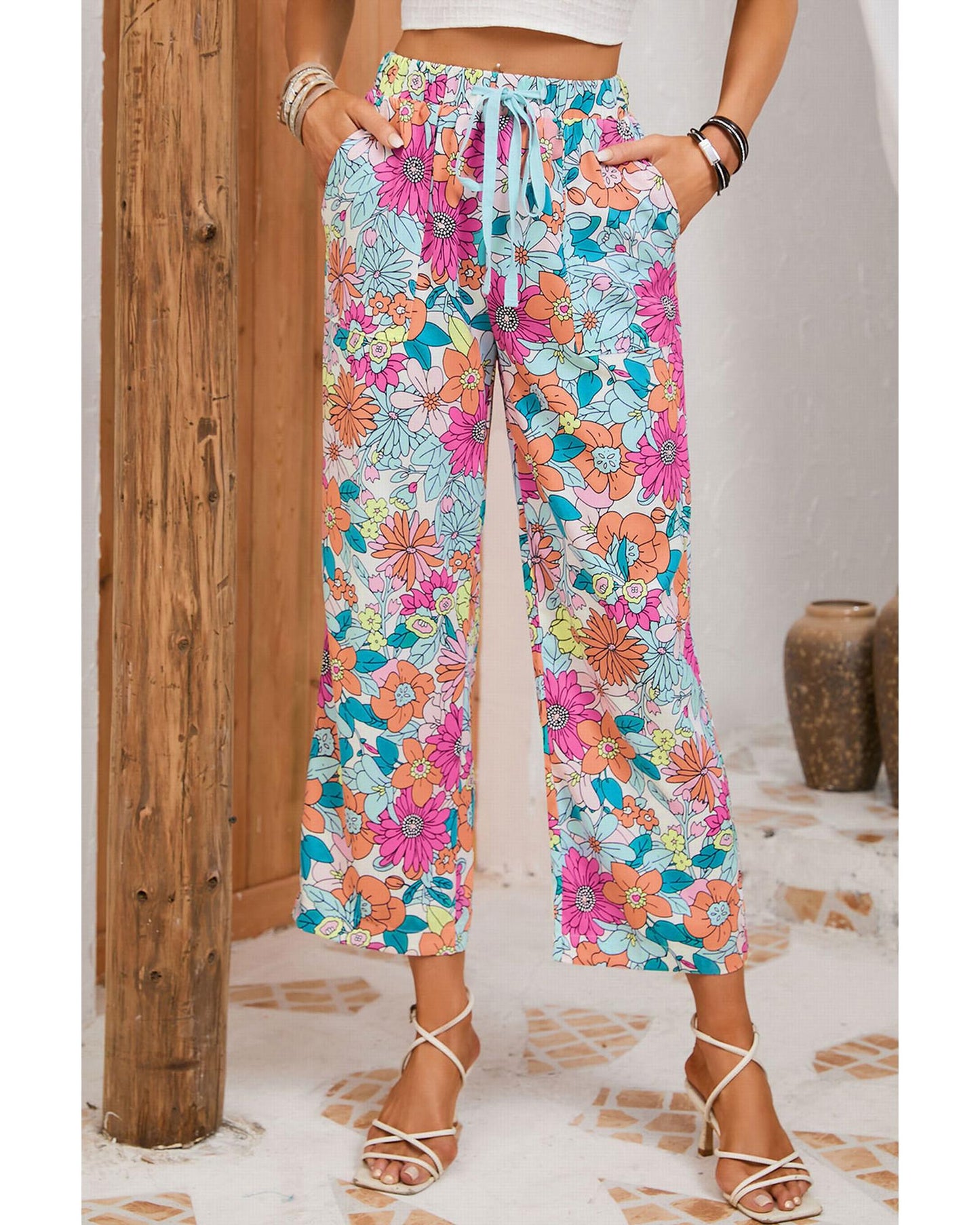 Azura Exchange Flower Print Pocketed Drawstring Waist Wide Leg Pants - L