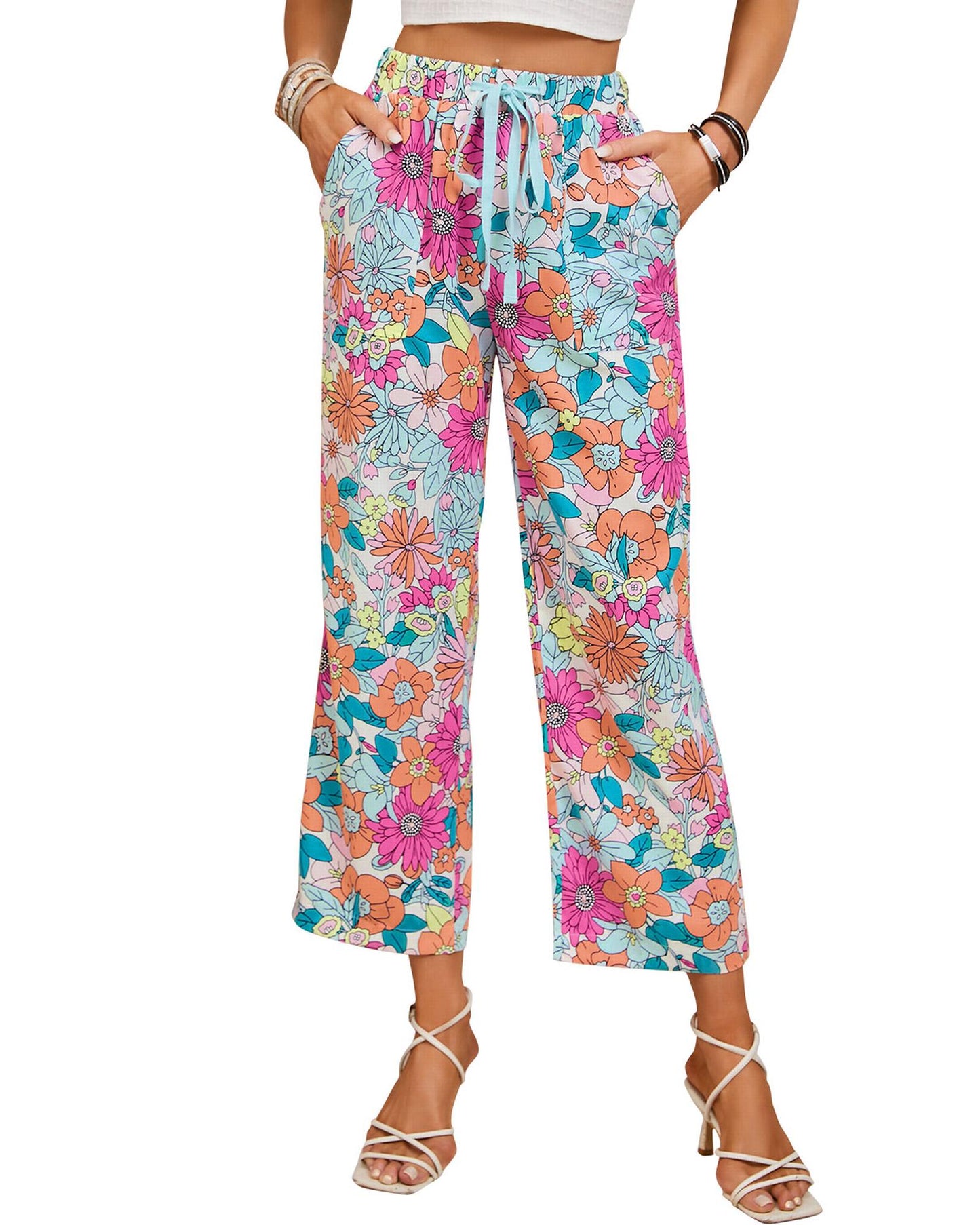 Azura Exchange Flower Print Pocketed Drawstring Waist Wide Leg Pants - L