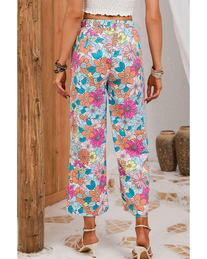 Azura Exchange Flower Print Pocketed Drawstring Waist Wide Leg Pants - S