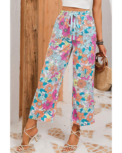 Azura Exchange Flower Print Pocketed Drawstring Waist Wide Leg Pants - S