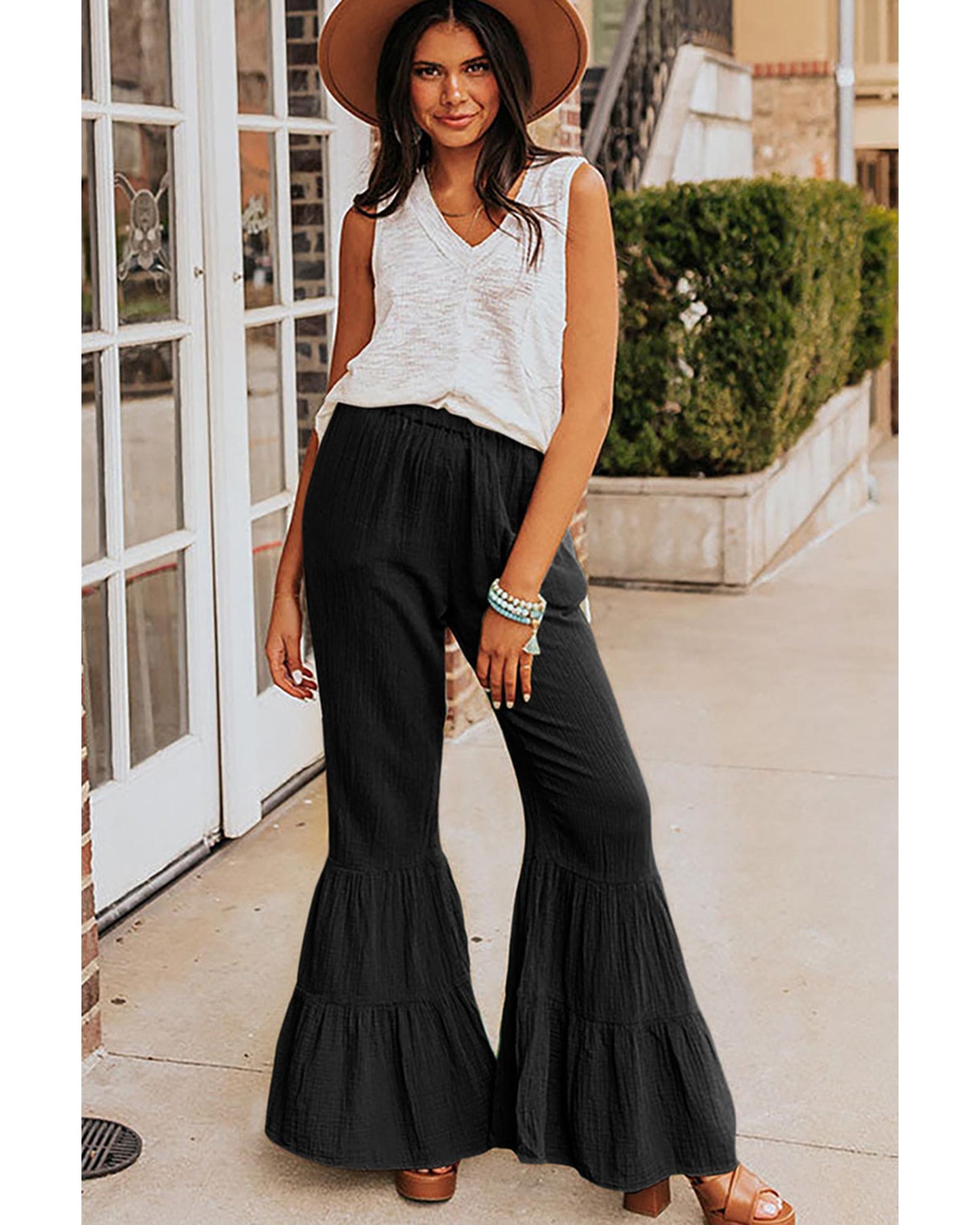 Azura Exchange Textured Ruffled Bell Bottom Pants - M