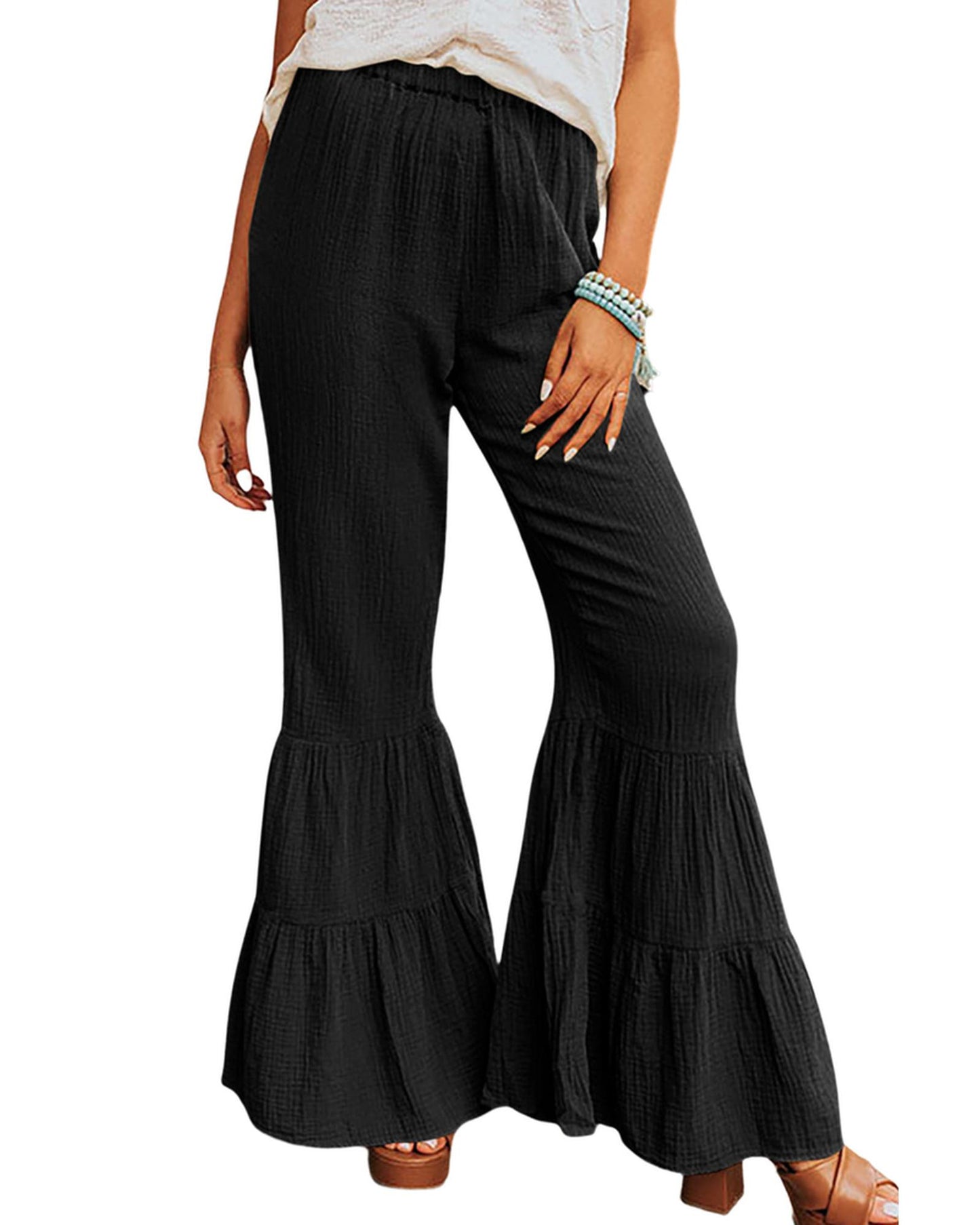 Azura Exchange Textured Ruffled Bell Bottom Pants - M