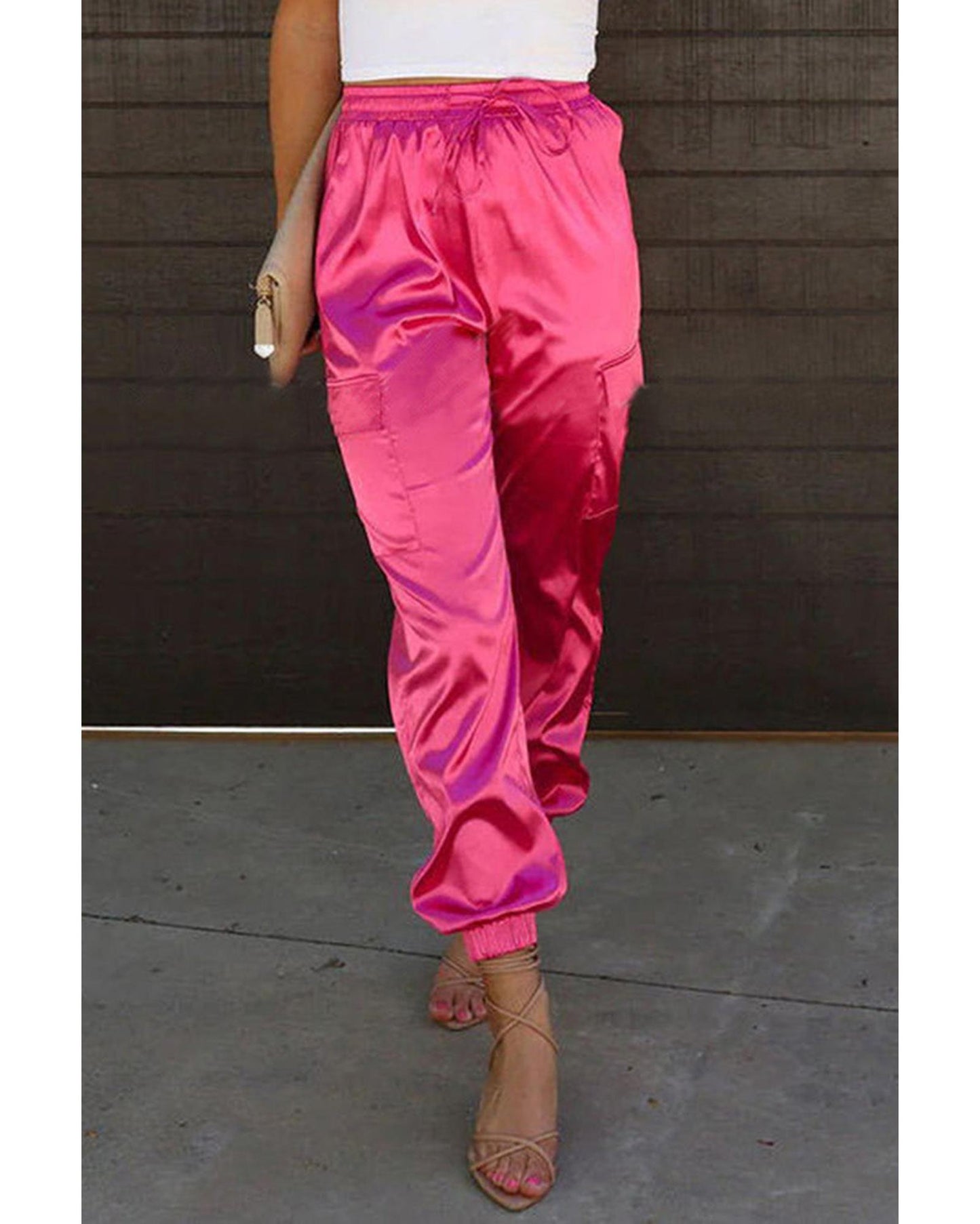 Azura Exchange Drawstring Satin Pants with Elastic Waist and Pockets - L