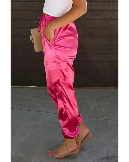 Azura Exchange Drawstring Satin Pants with Elastic Waist and Pockets - L