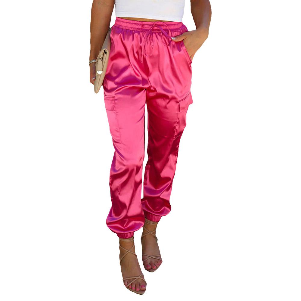 Azura Exchange Drawstring Satin Pants with Elastic Waist and Pockets - L