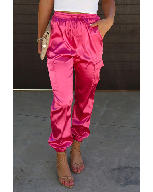 Azura Exchange Drawstring Satin Pants with Elastic Waist and Pockets - M