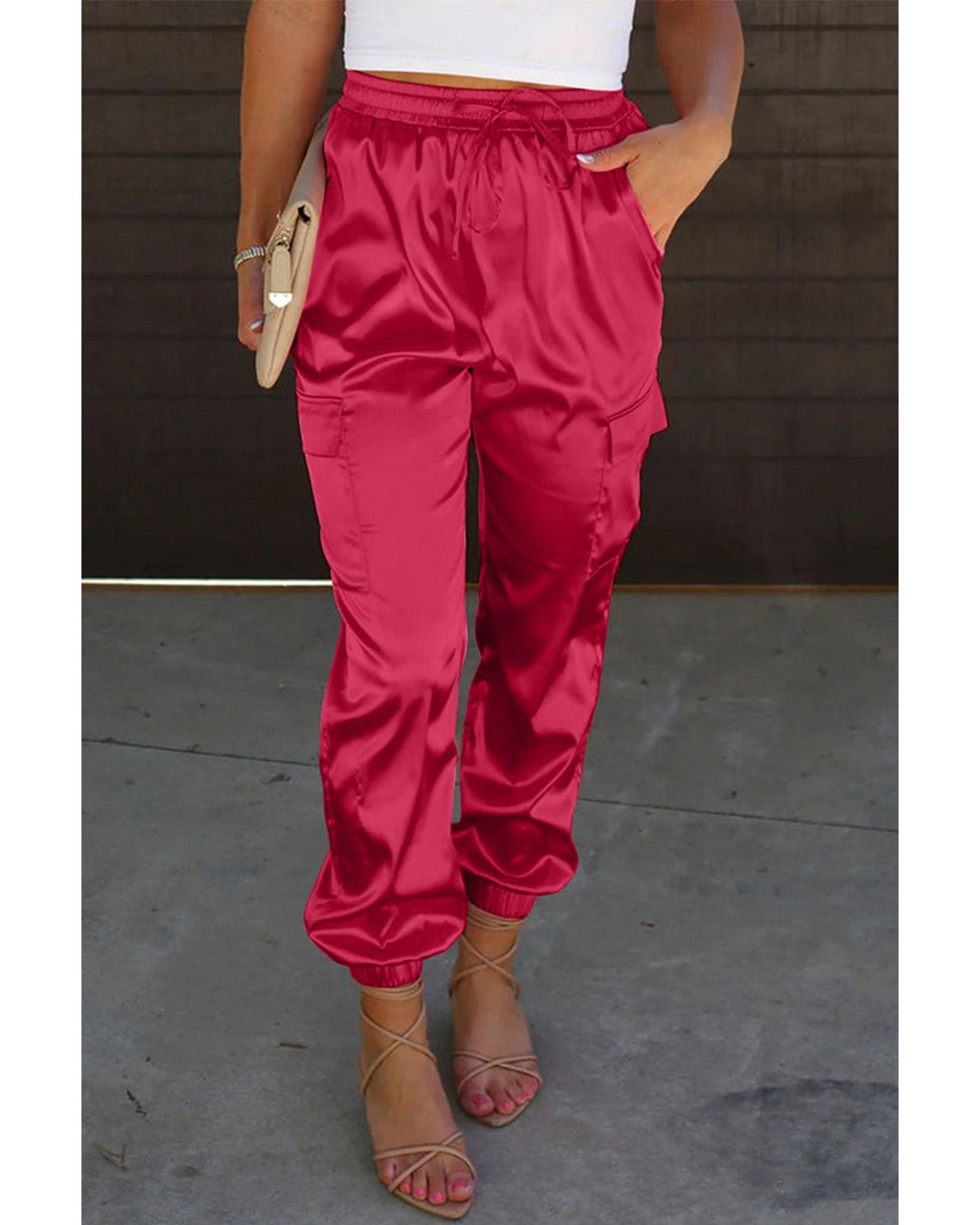 Azura Exchange Drawstring Satin Pants with Elastic Waist and Pockets - M