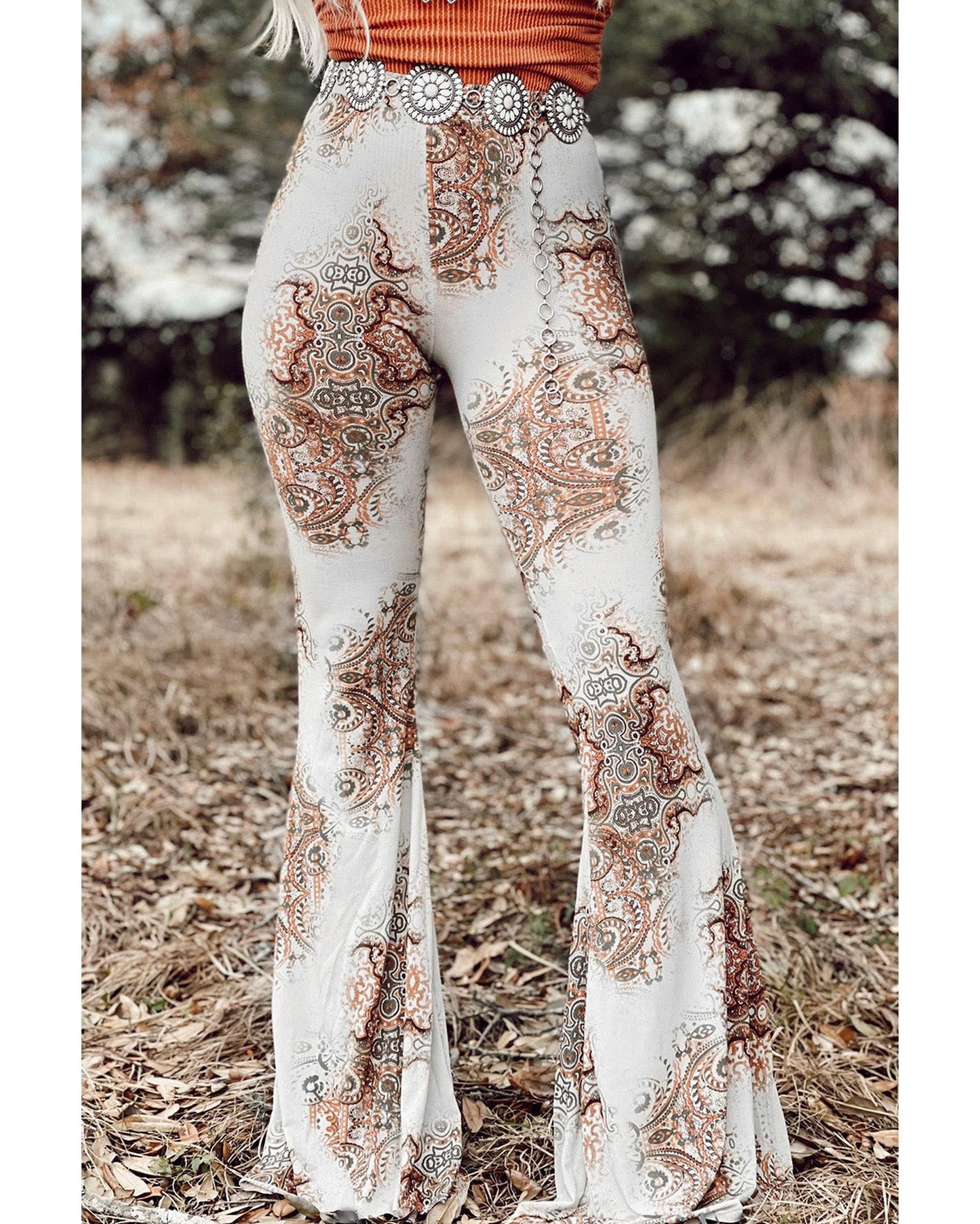 Azura Exchange Vintage Print High Waist Bell Pants - L