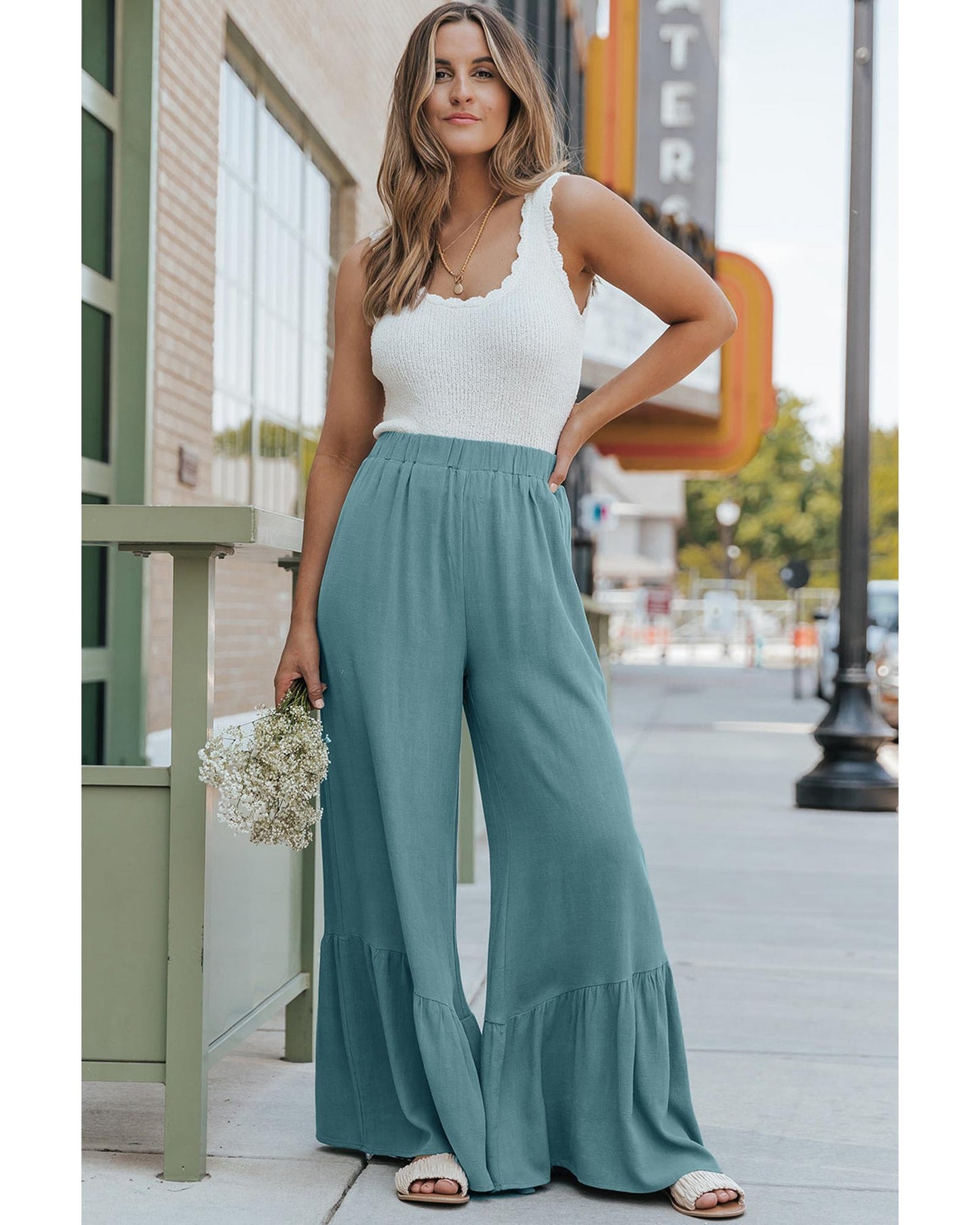 Azura Exchange High Waist Ruffled Wide-Leg Pants - M