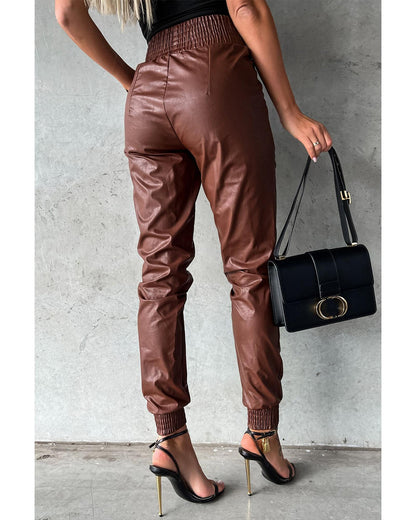 Azura Exchange Smocked High-Waist Leather Skinny Pants - L