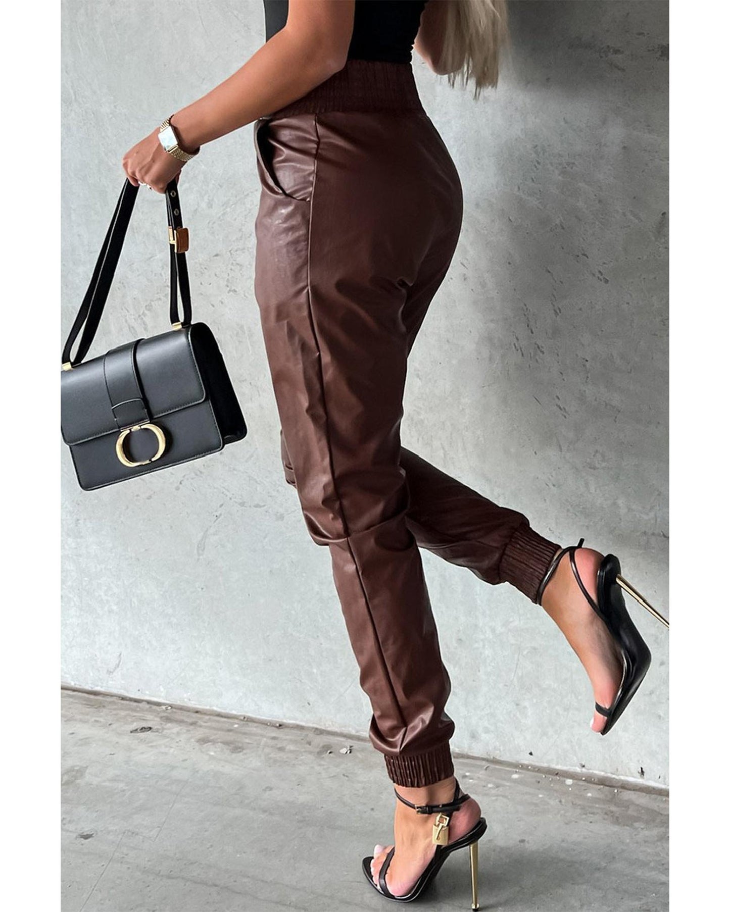 Azura Exchange Smocked High-Waist Leather Skinny Pants - L