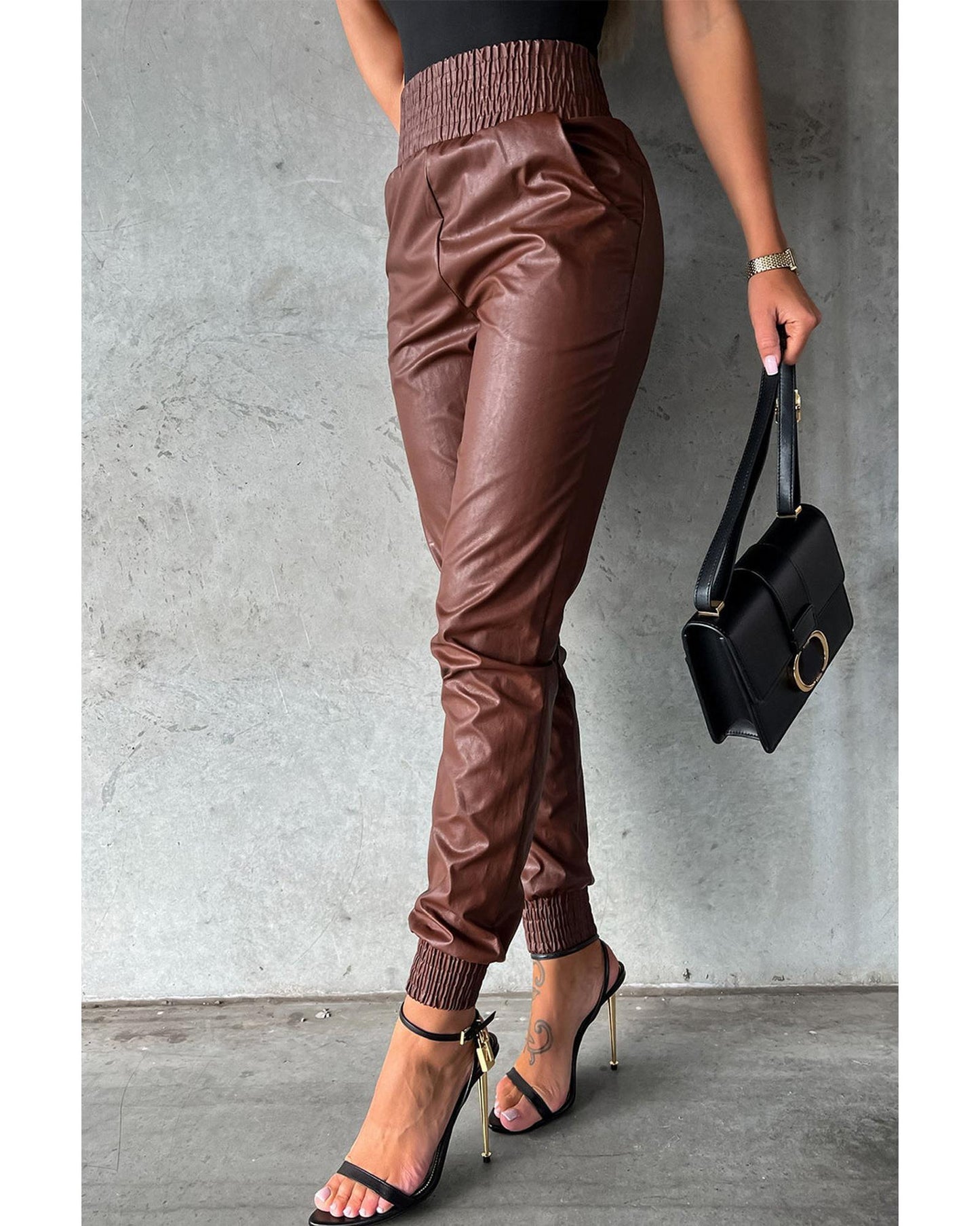 Azura Exchange Smocked High-Waist Leather Skinny Pants - L
