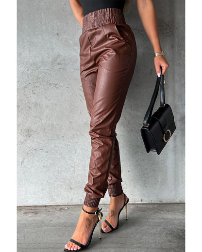 Azura Exchange Smocked High-Waist Leather Skinny Pants - M