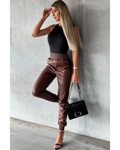 Azura Exchange Smocked High-Waist Leather Skinny Pants - S