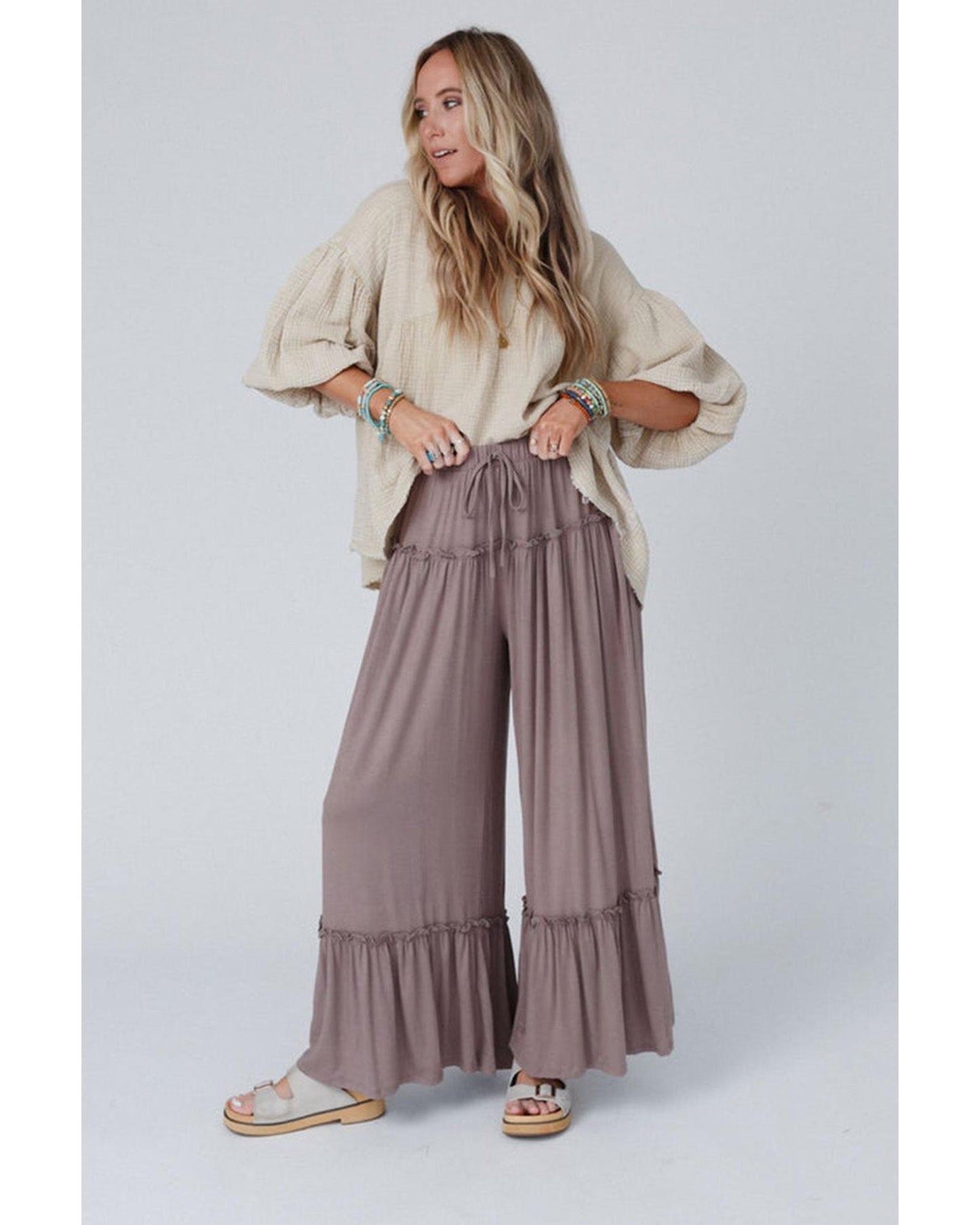 Azura Exchange Frilled Drawstring High Waist Wide Leg Pants - M