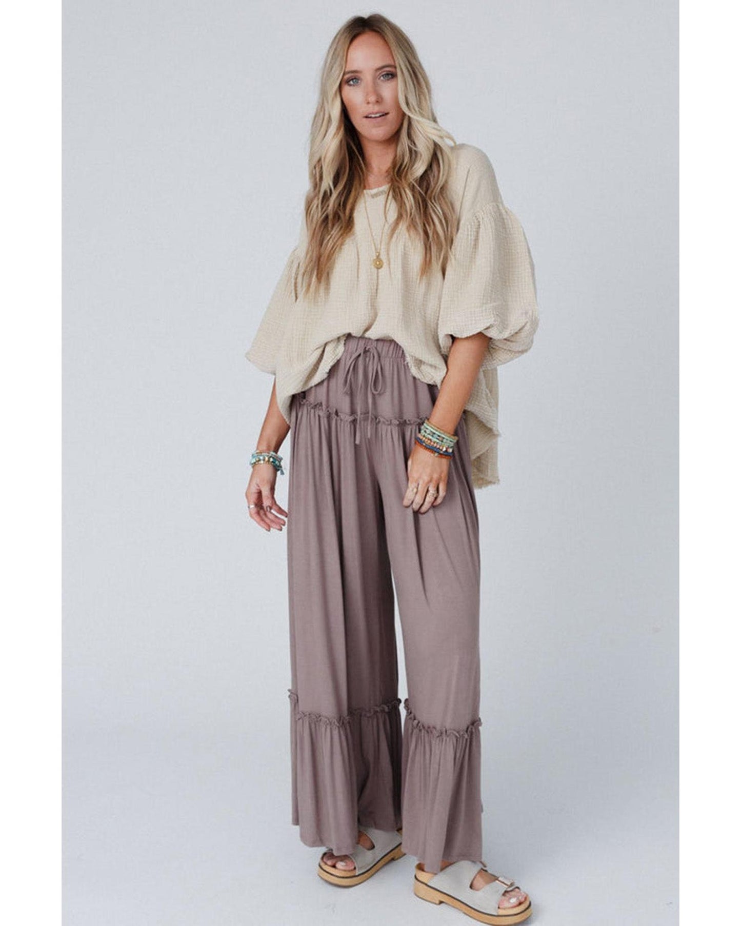 Azura Exchange Frilled Drawstring High Waist Wide Leg Pants - S