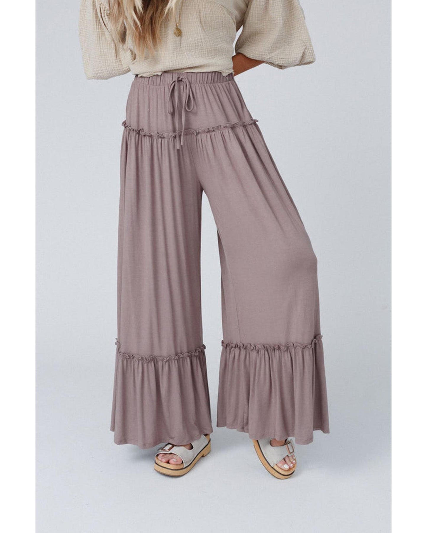 Azura Exchange Frilled Drawstring High Waist Wide Leg Pants - XL