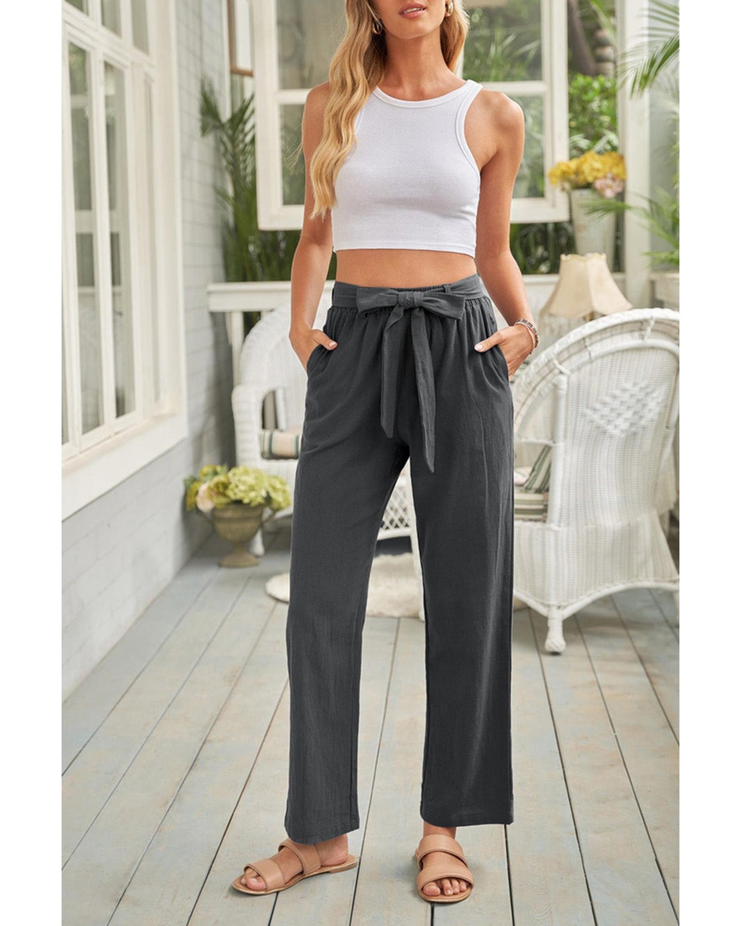 Azura Exchange Wide Leg Pants with Elastic Waist and Drawstring - M