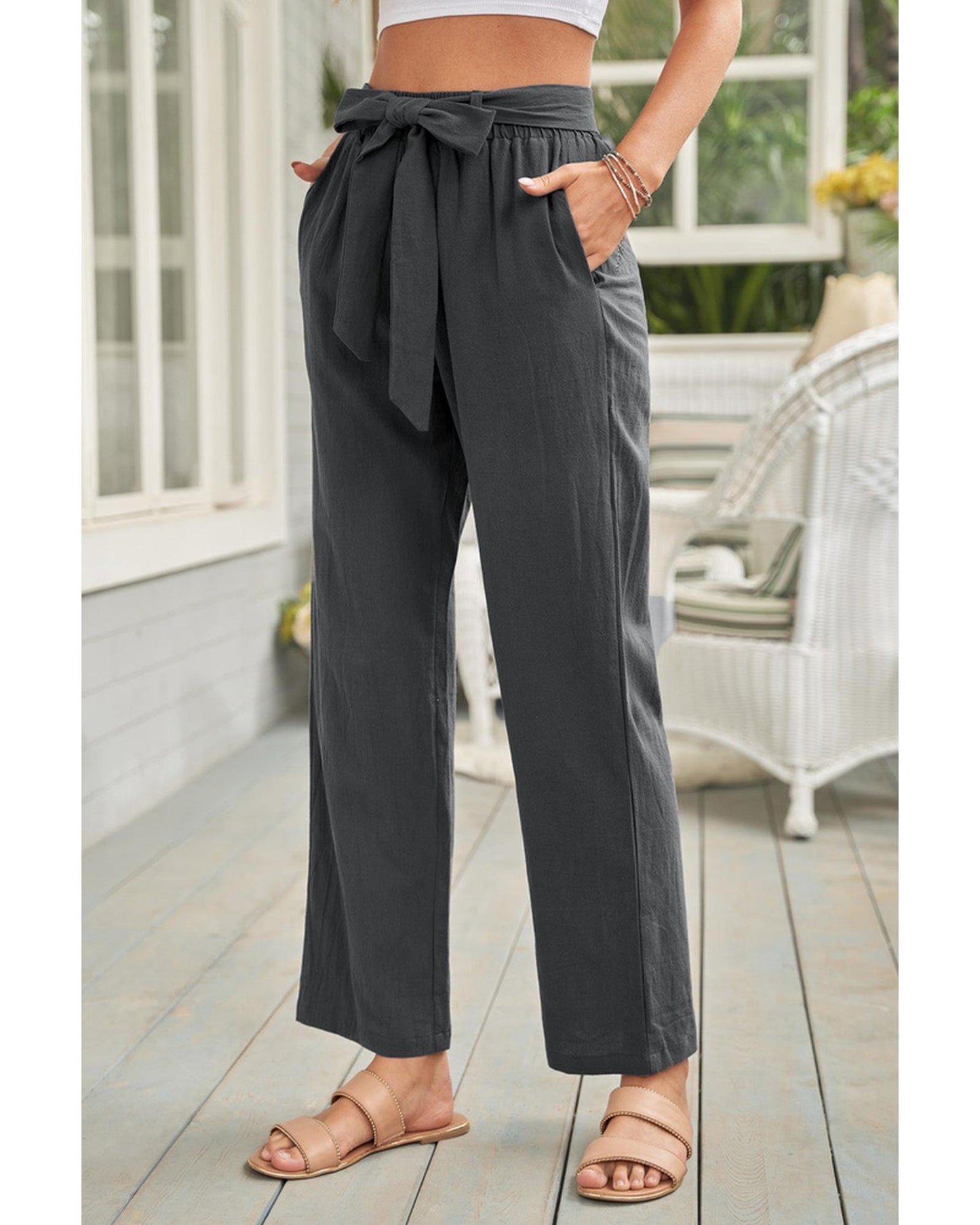 Azura Exchange Wide Leg Pants with Elastic Waist and Drawstring - M