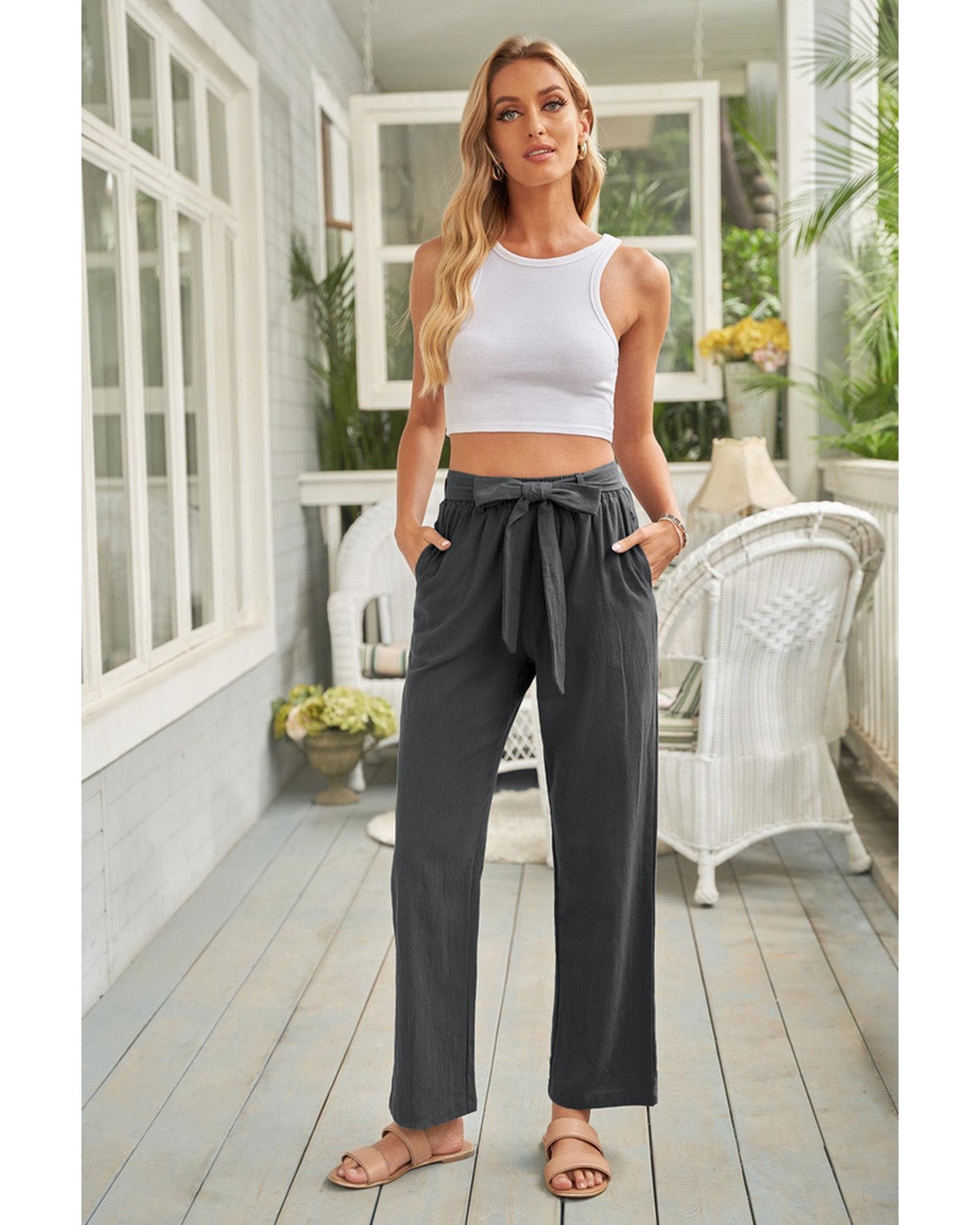 Azura Exchange Wide Leg Pants with Elastic Waist and Drawstring - M