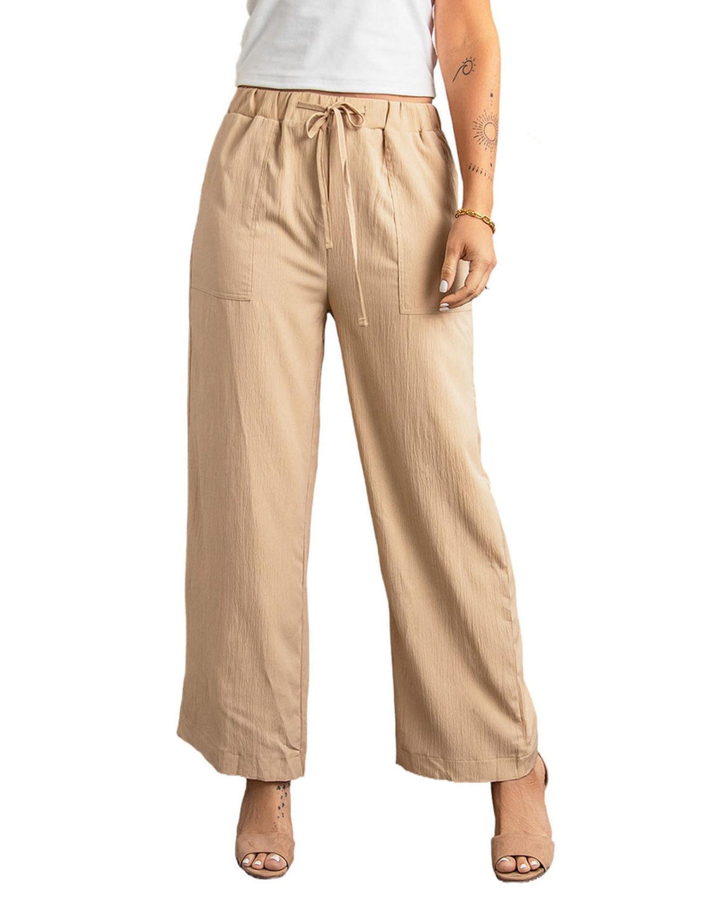 Azura Exchange Drawstring Waist Crinkled Wide Leg Pants - M