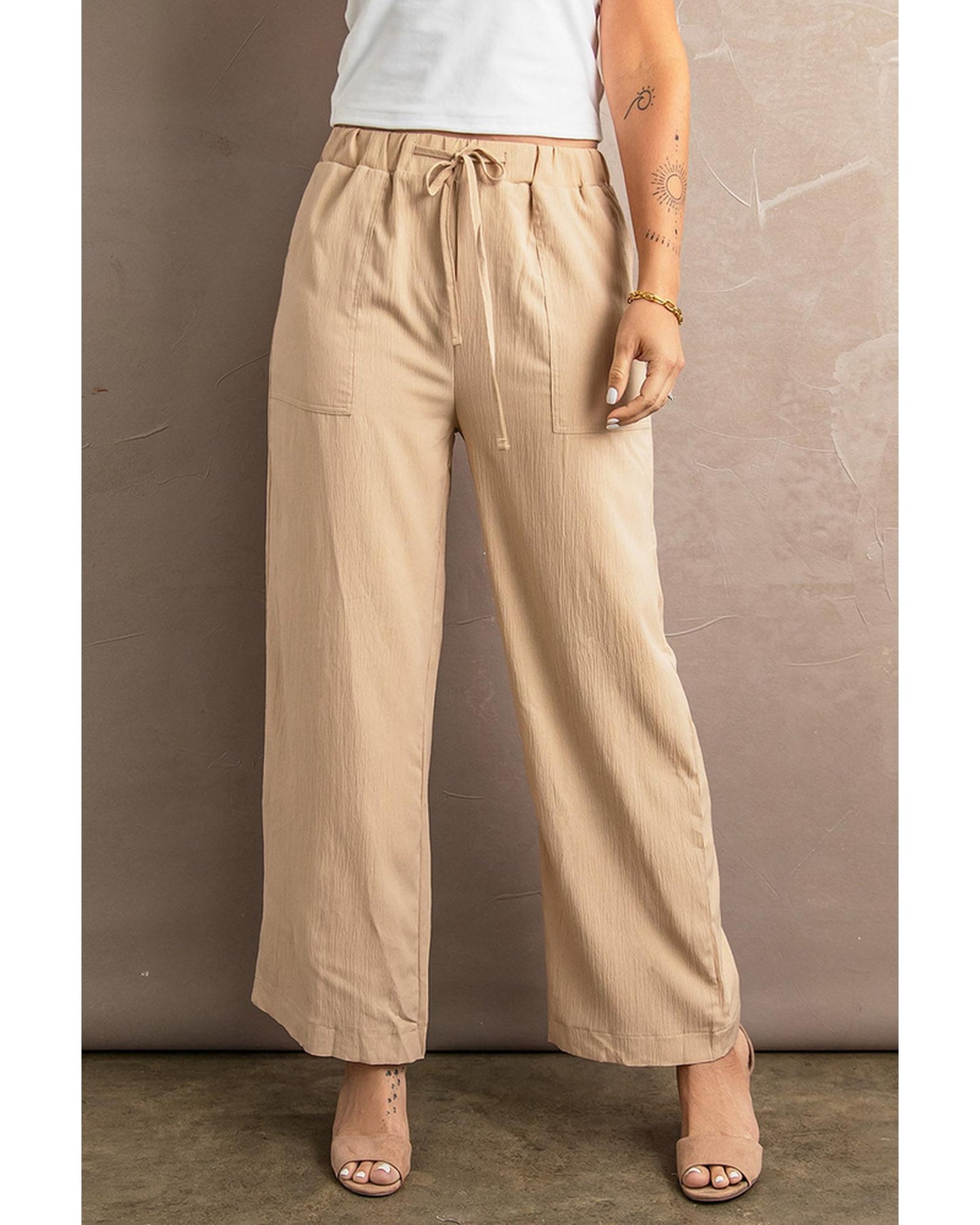 Azura Exchange Drawstring Waist Crinkled Wide Leg Pants - S