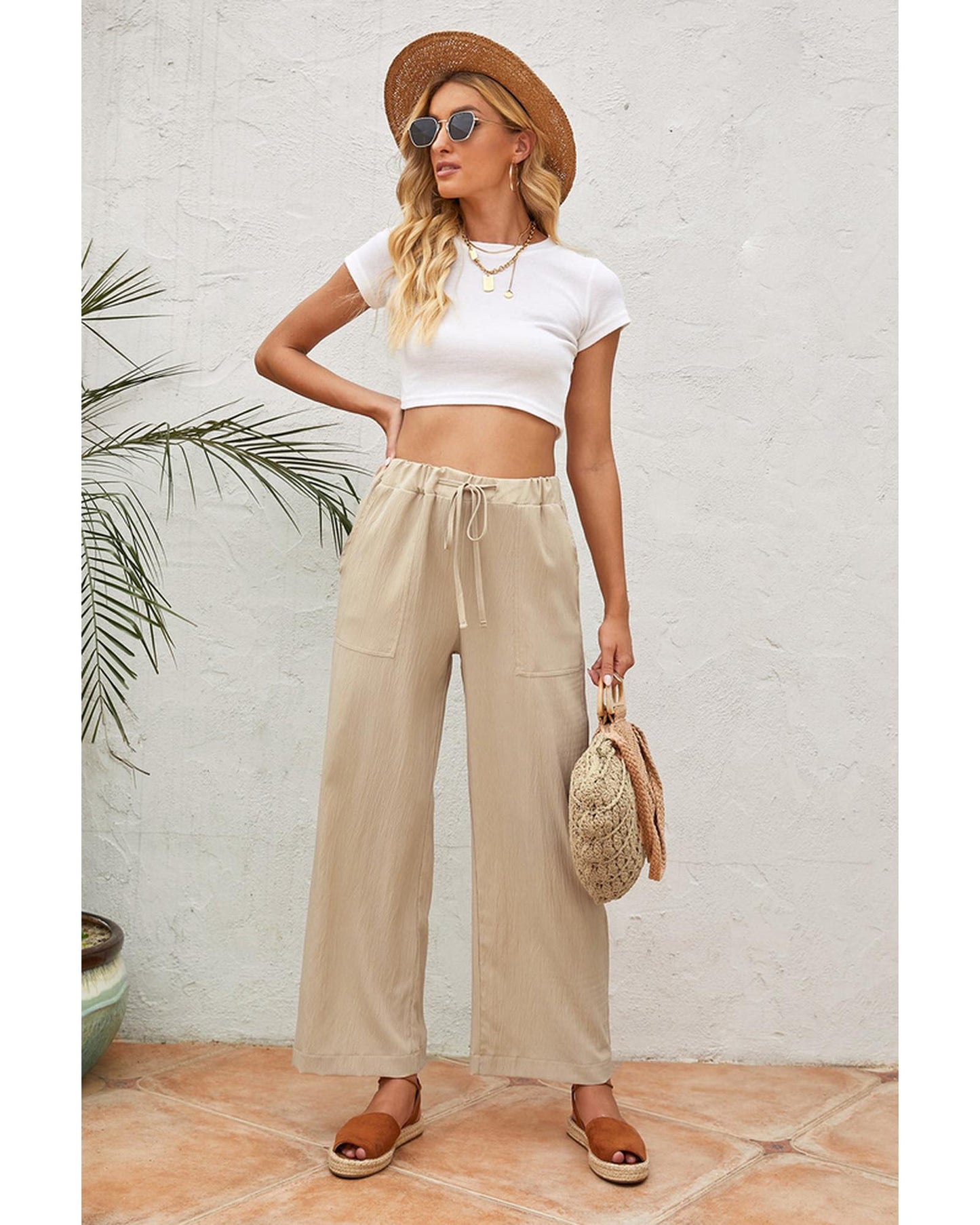 Azura Exchange Drawstring Waist Crinkled Wide Leg Pants - S