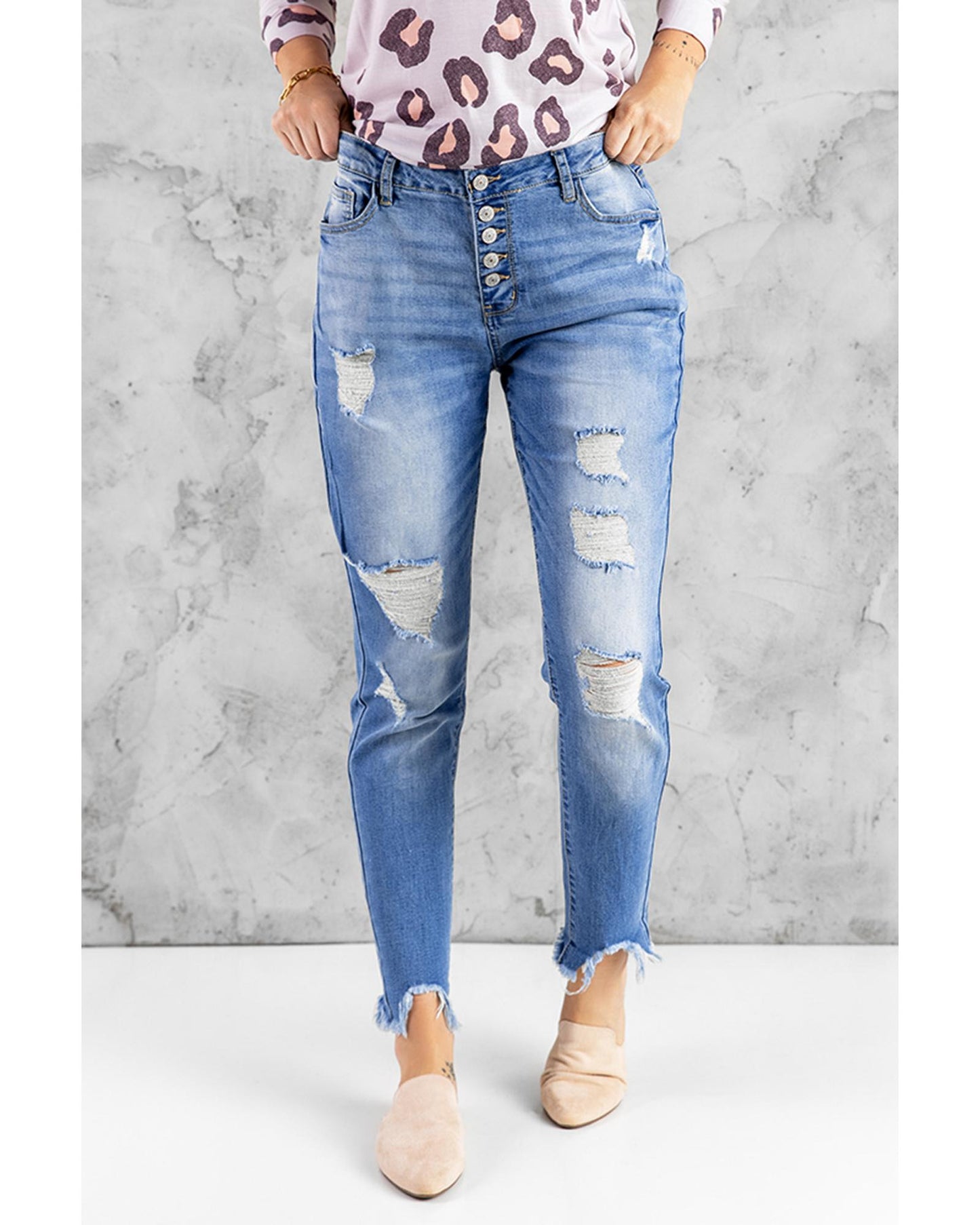 Azura Exchange Button Front Frayed Ankle Skinny Jeans - L