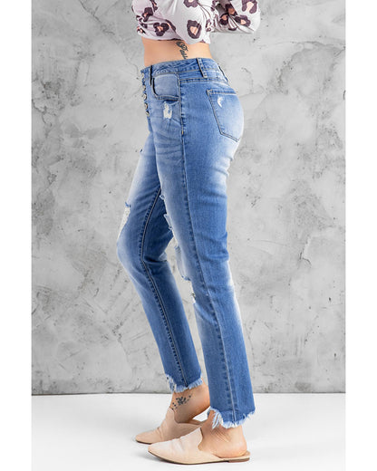 Azura Exchange Button Front Frayed Ankle Skinny Jeans - L