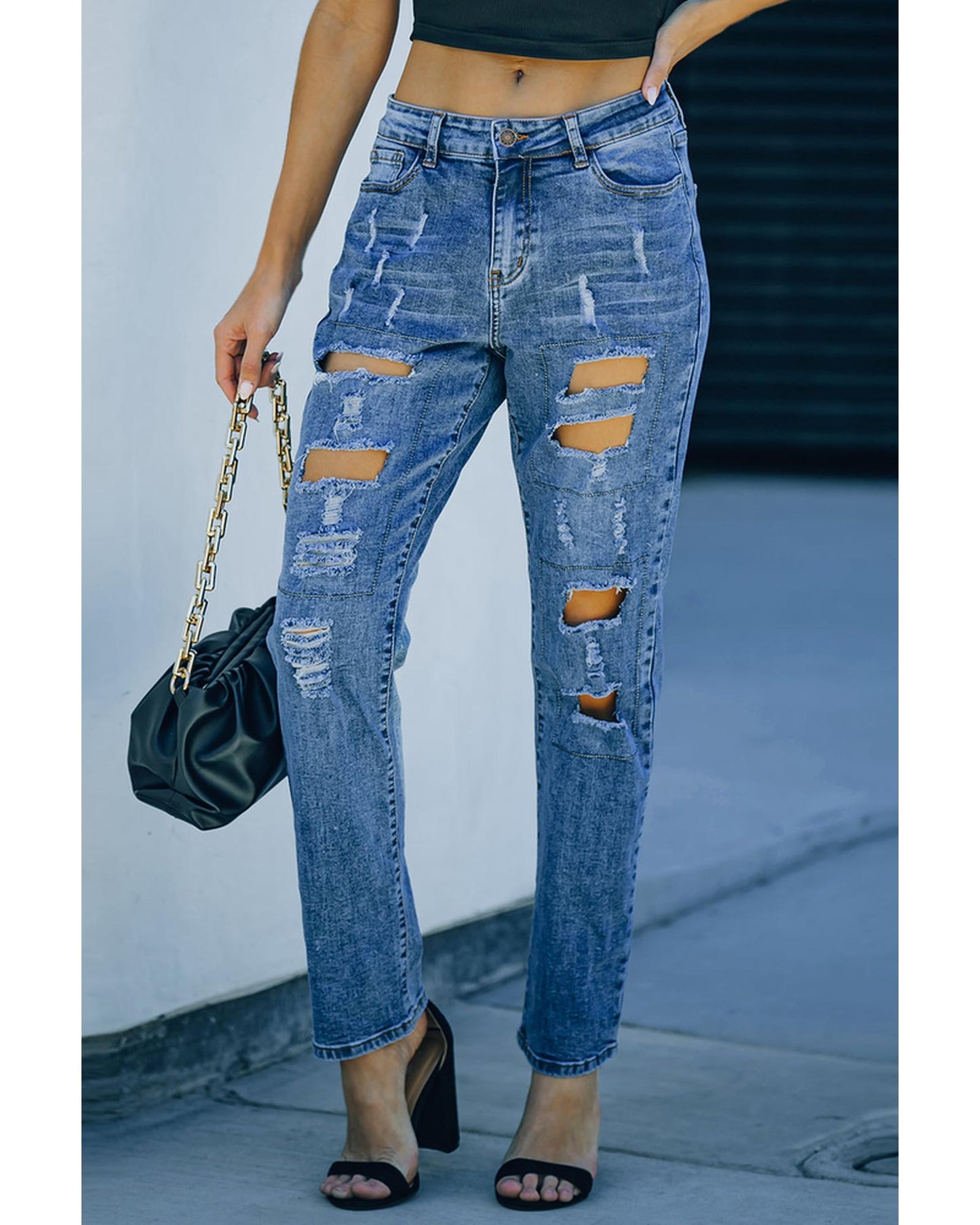 Azura Exchange Distressed Buttoned Pocket Jeans - M