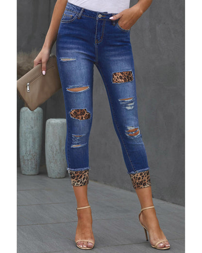 Azura Exchange Leopard Patches Distressed Skinny Jeans - L