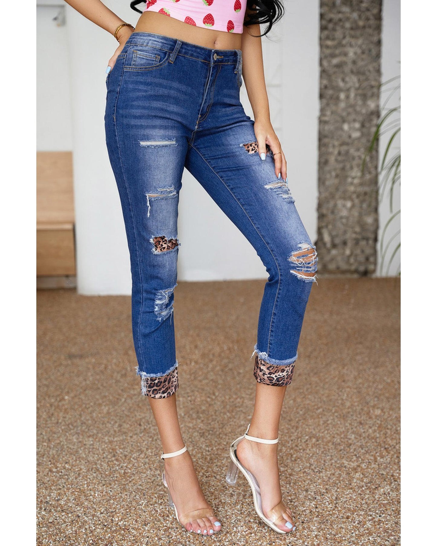 Azura Exchange Leopard Patches Distressed Skinny Jeans - L