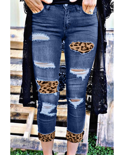 Azura Exchange Leopard Patches Distressed Skinny Jeans - L