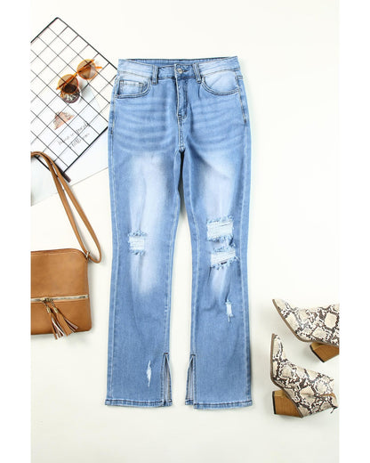 Azura Exchange Ripped High Waist Straight Leg Jeans with Side Splits - 12 US