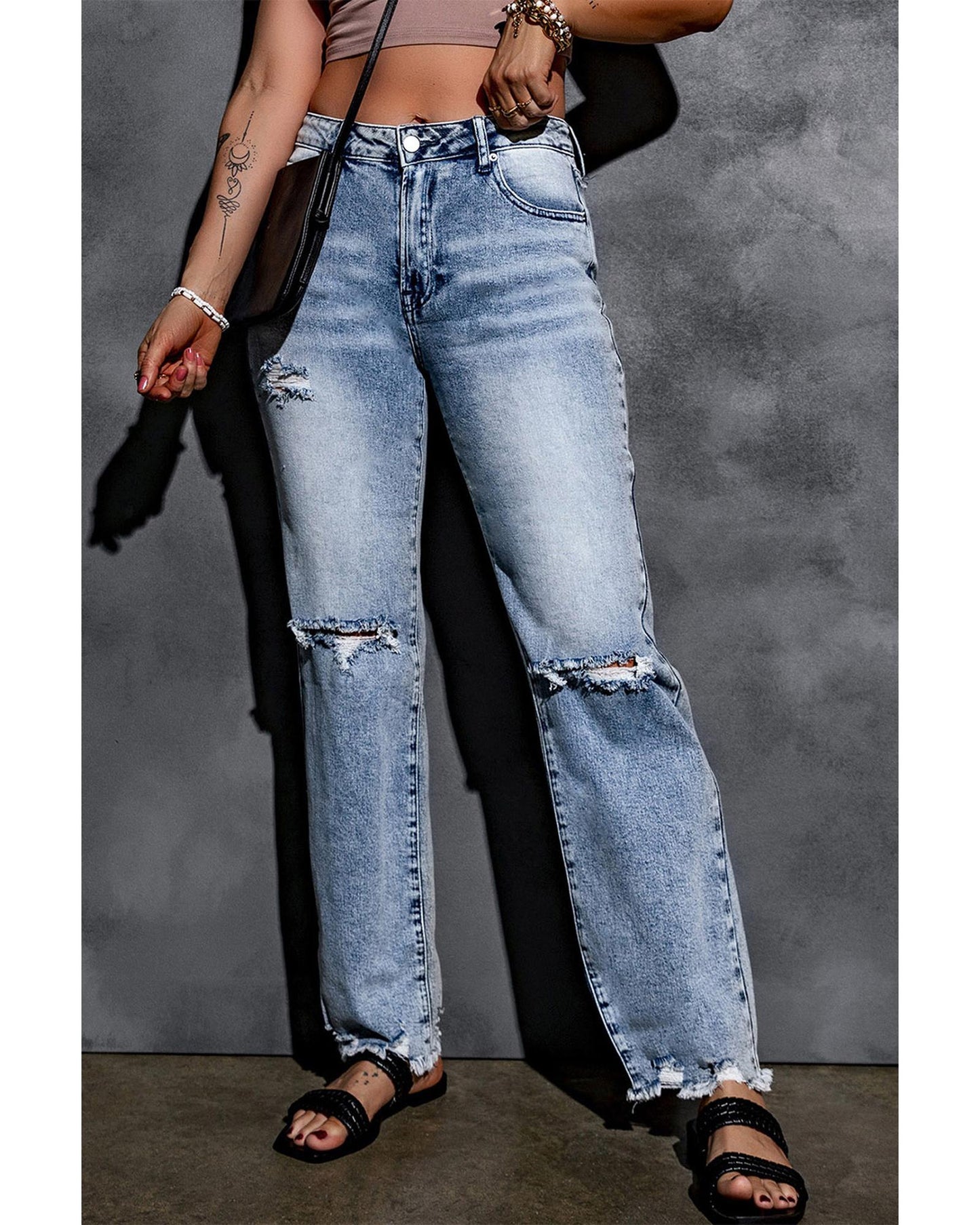 Azura Exchange Wide Leg High Waist Jeans with Ripped Details - 10 US