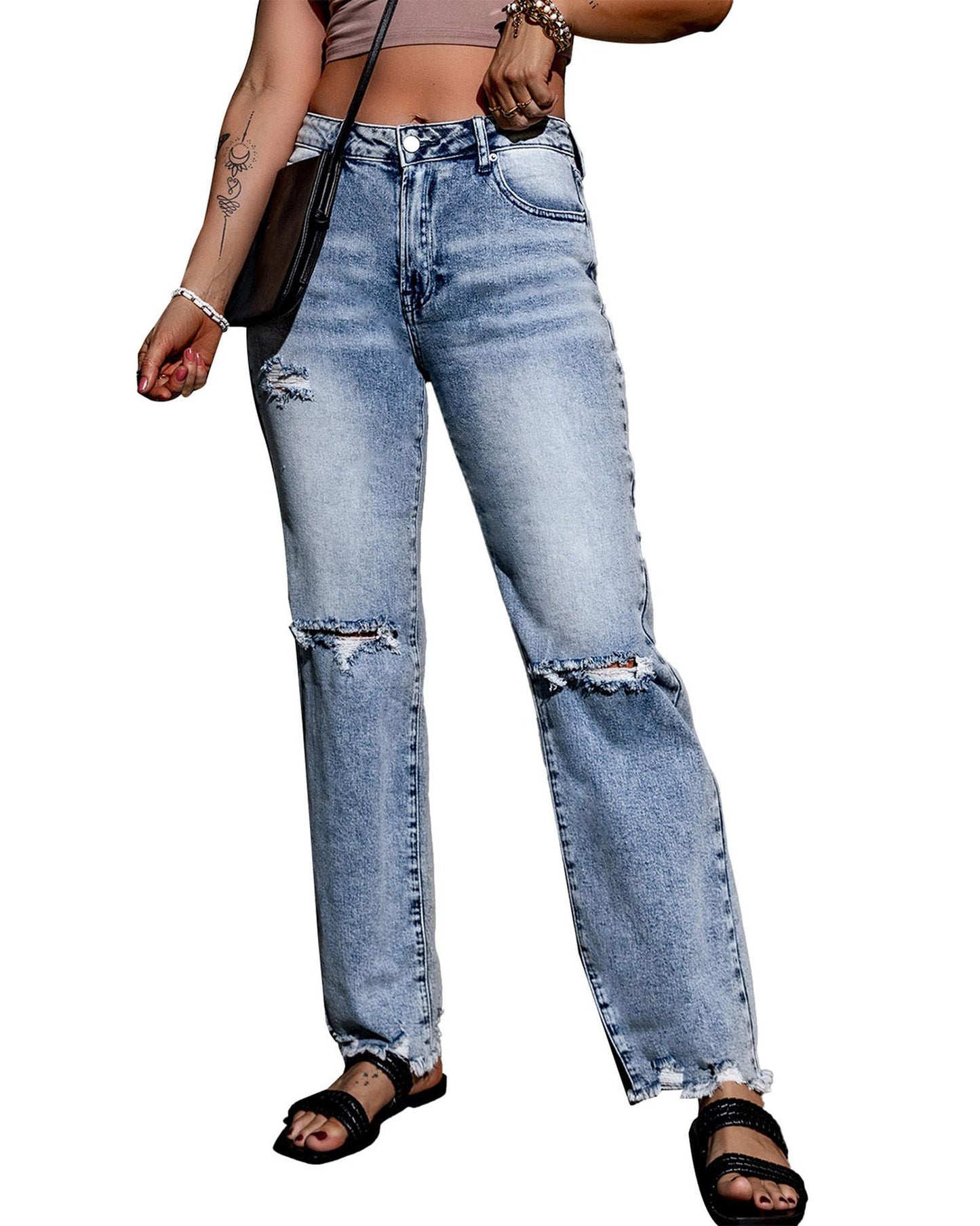 Azura Exchange Wide Leg High Waist Jeans with Ripped Details - 10 US