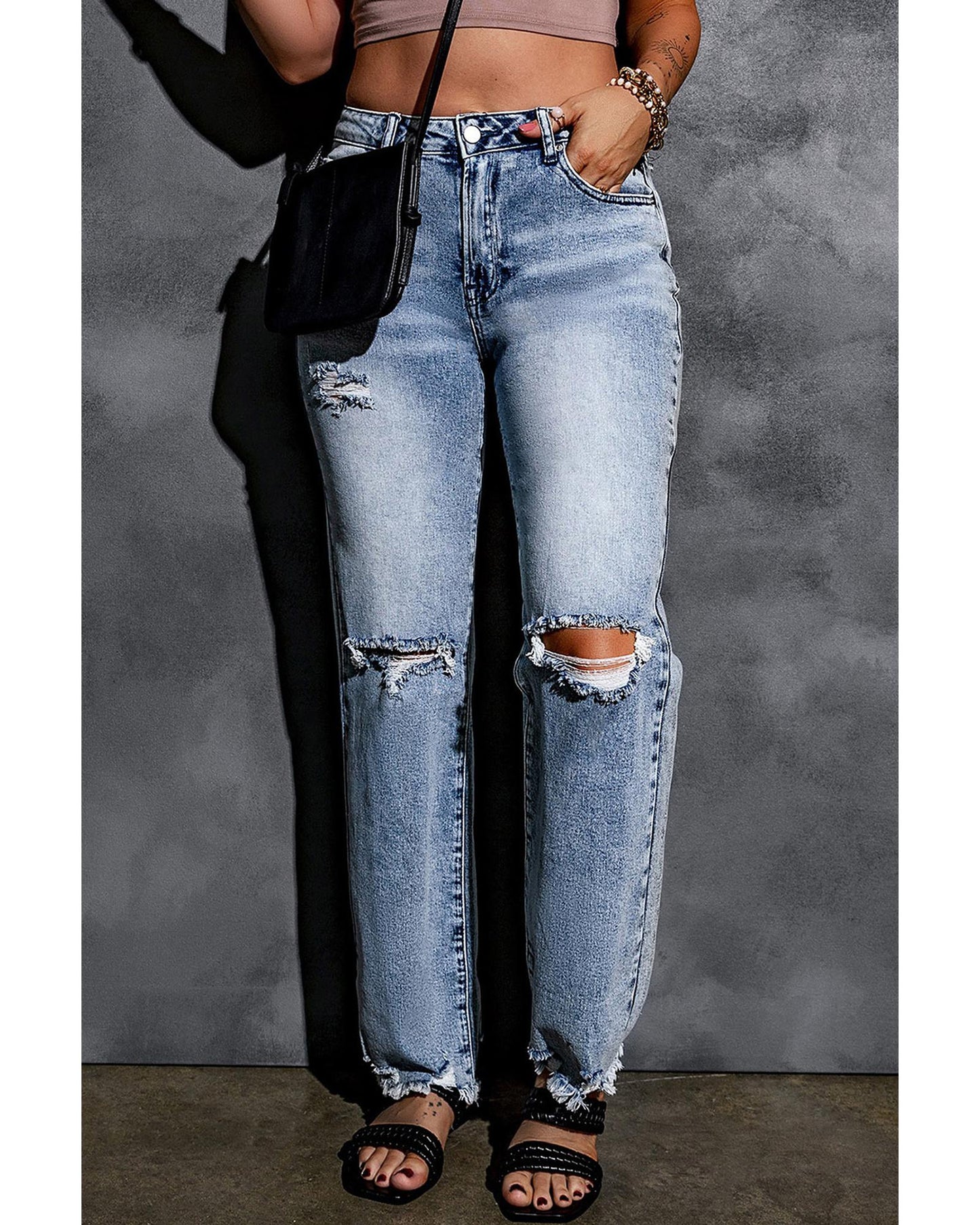 Azura Exchange Wide Leg High Waist Jeans with Ripped Details - 10 US