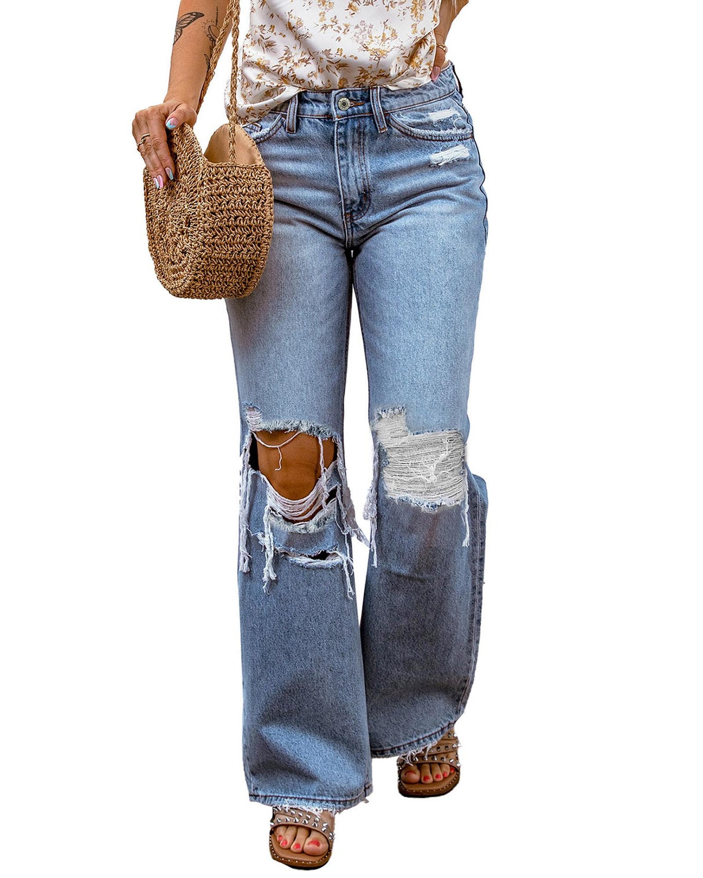 Azura Exchange Open Knee Wide Leg Jeans - 12 US