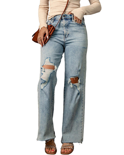 Azura Exchange Distressed Straight Leg Jeans with Frayed Hem - 10 US