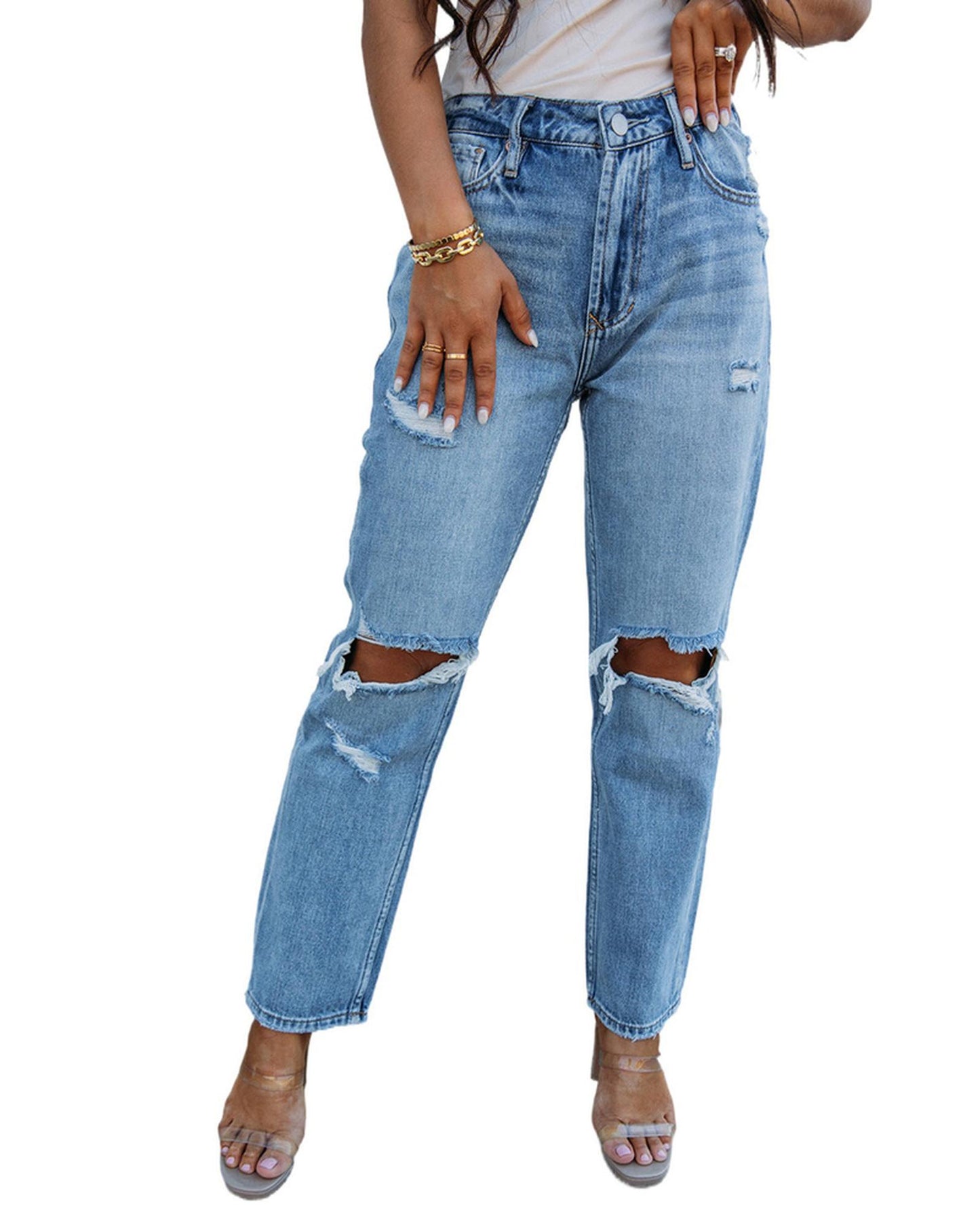 Azura Exchange Knee Cutout Straight Leg Jeans - 10 US