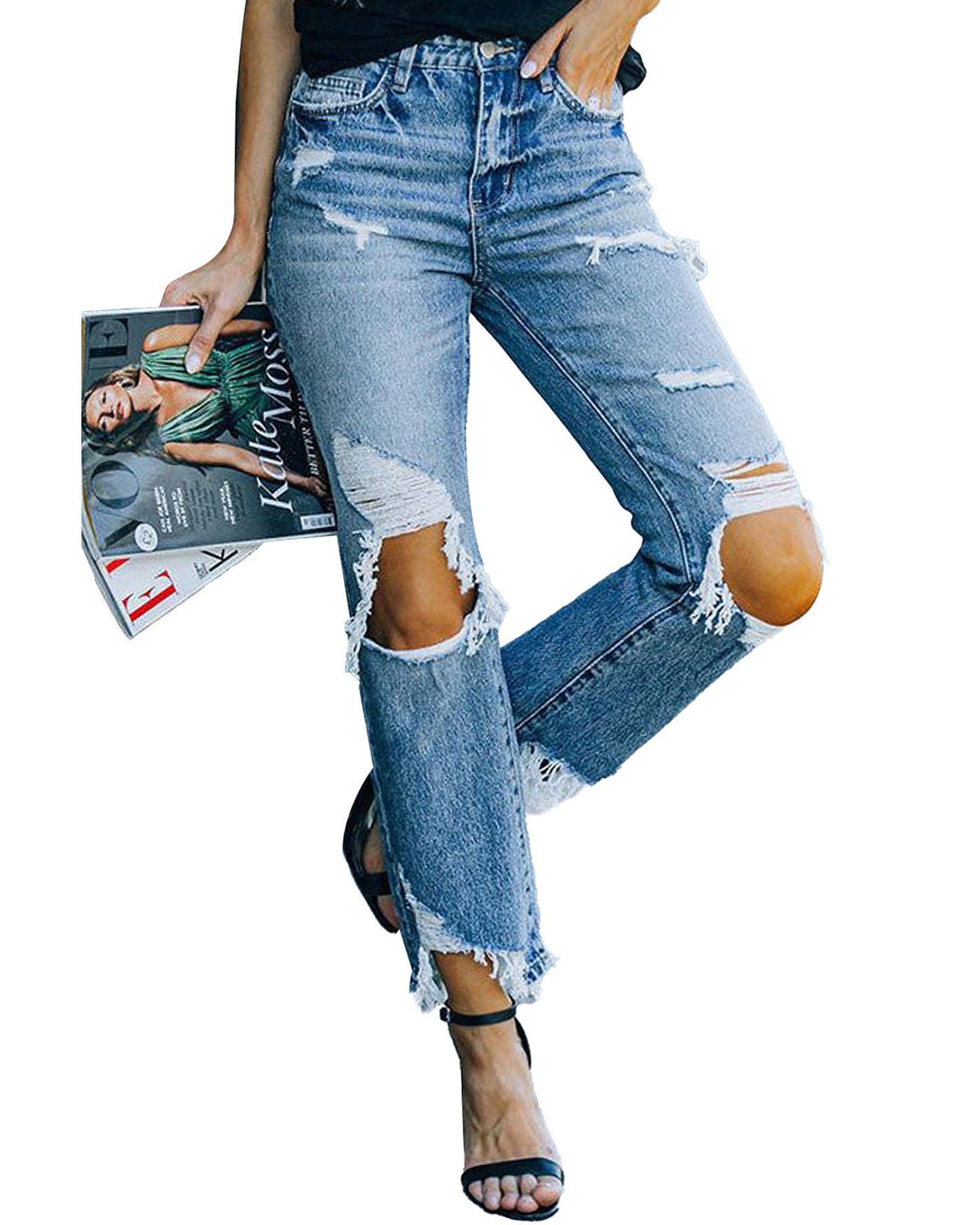 Azura Exchange High Waist Ripped Knee Jeans - 16 US