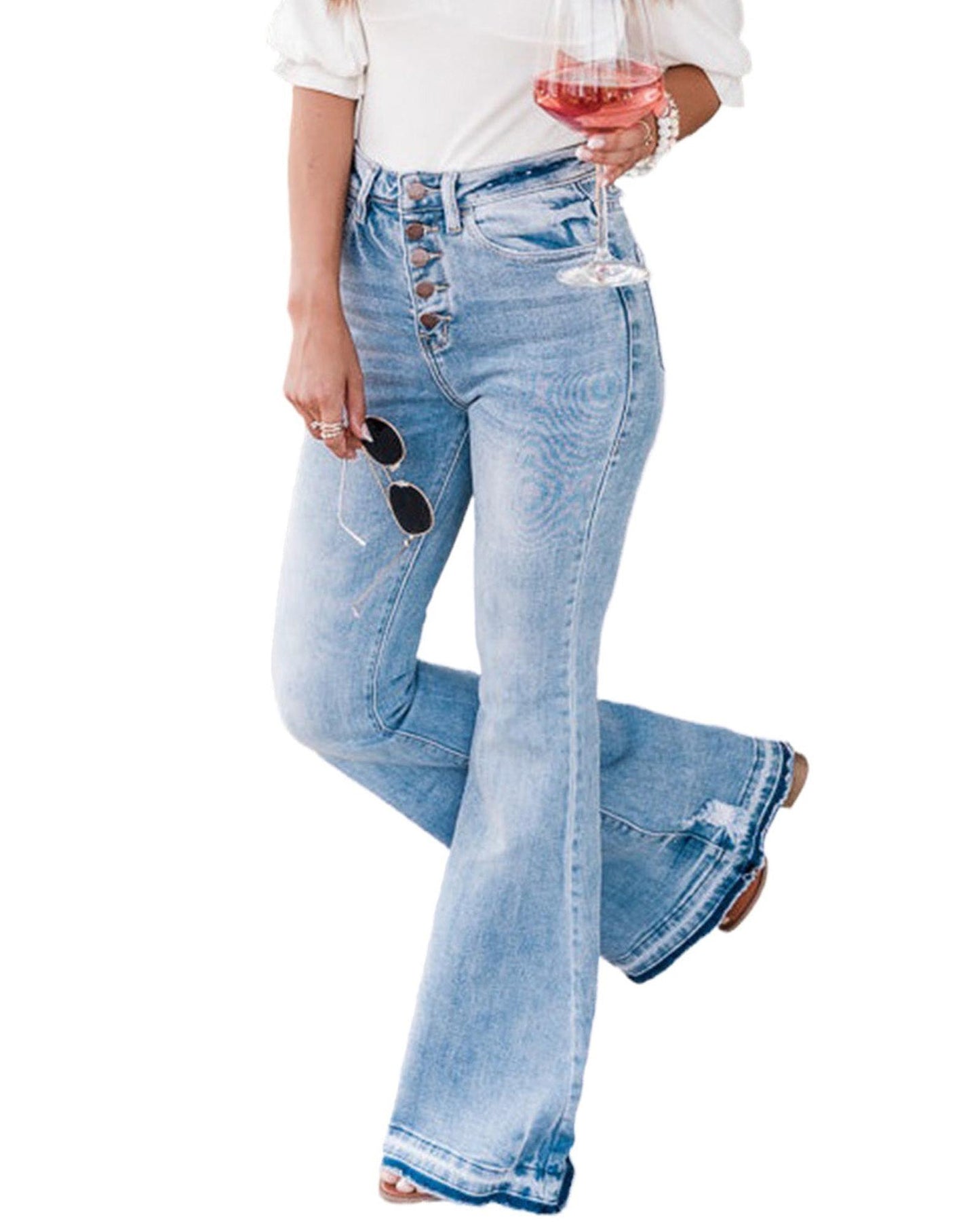 Azura Exchange Buttoned Distressed Flared Jeans - 6 US