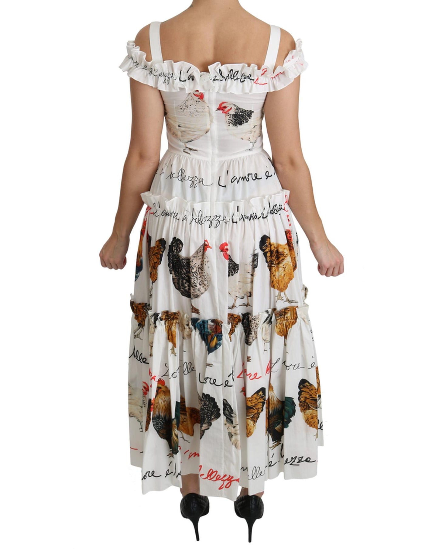 100% Authentic Dolce & Gabbana Sheath Midi Dress with Rooster Print 42 IT Women