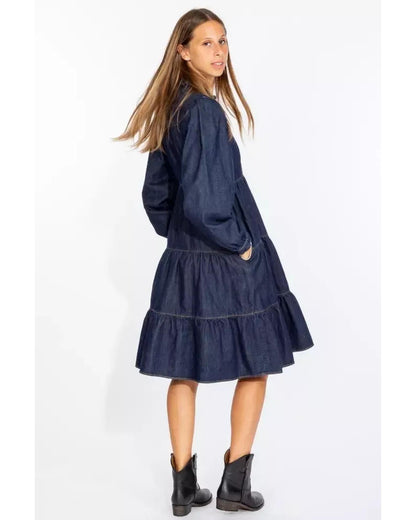 Dark Blue Denim Dress with Flounced Skirt 40 IT Women