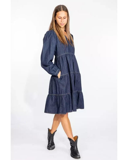 Dark Blue Denim Dress with Flounced Skirt 40 IT Women